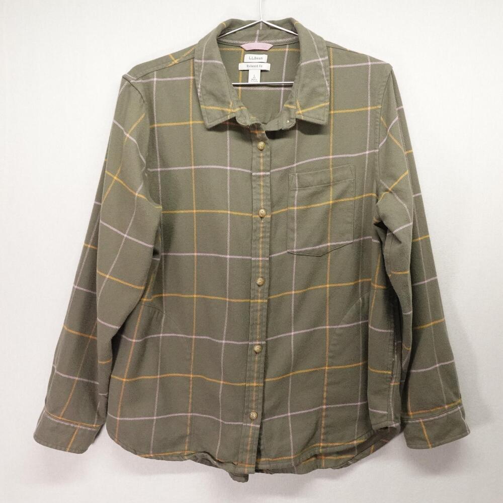 LL Bean Flannel Shirt Womens Large Green Plaid Relaxed Fit Soft Button Up Casual